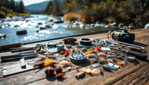 Showcasing a Fly fishing kit with essential gear and accessories arranged beautifully outdoors.