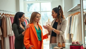 Personal stylist advising a client on outfit choices in a stylish boutique setting.