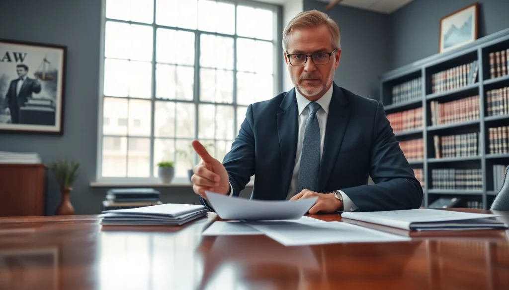 Eminent domain lawyer consulting clients in a professional office setting, demonstrating expertise and authority.