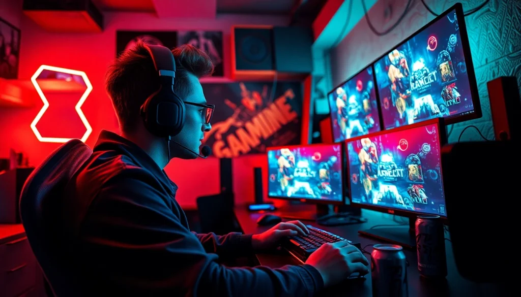 mild88 menampilkan gamer profesional di ruang gaming dengan perlengkapan modern.
