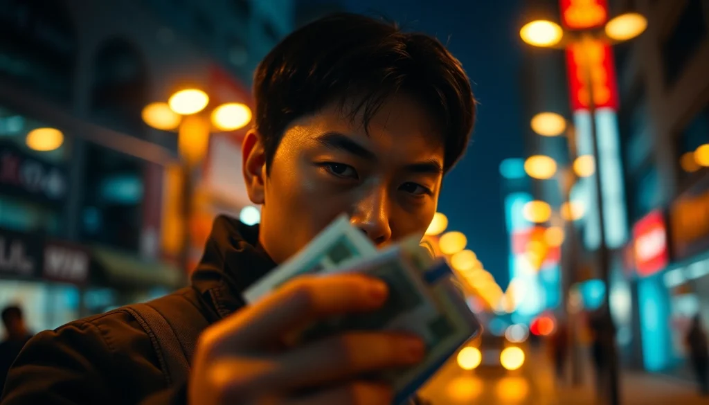 카드깡 거래 중인 인물의 표정과 도시 배경을 담은 사진