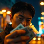카드깡 거래 중인 인물의 표정과 도시 배경을 담은 사진