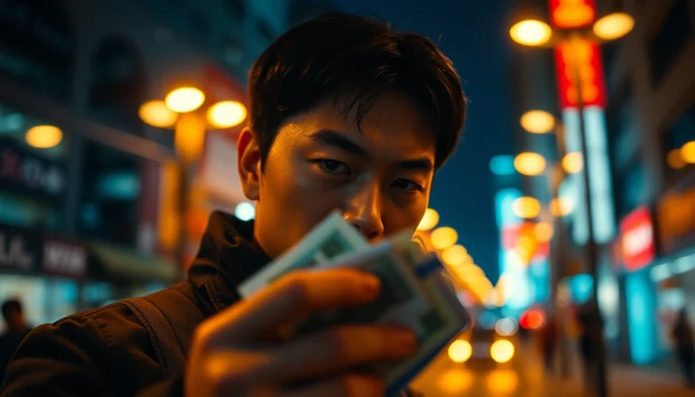 카드깡 거래 중인 인물의 표정과 도시 배경을 담은 사진