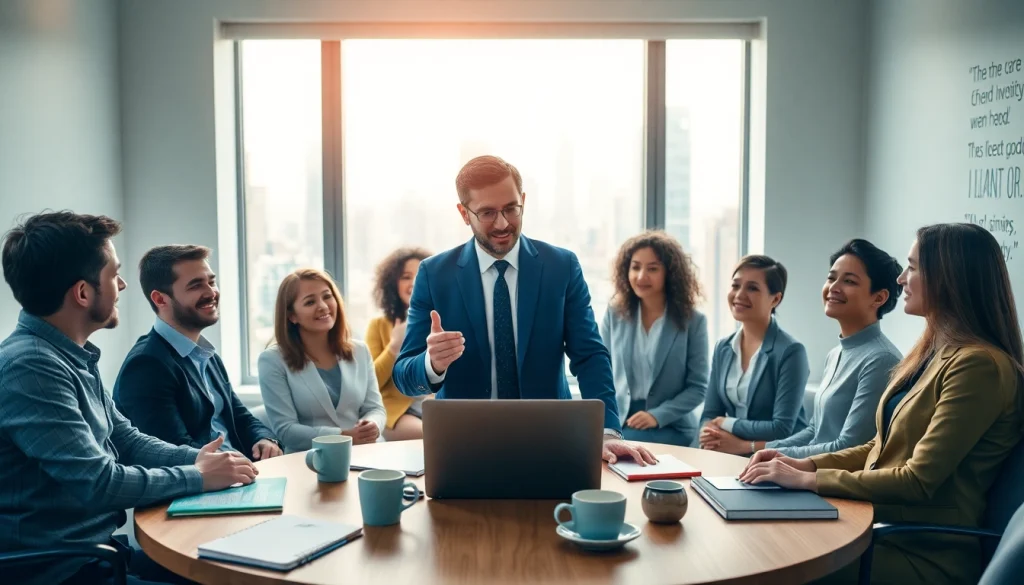 Encouraging business coaching service session in a modern office environment with diverse entrepreneurs.