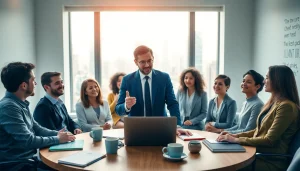 Encouraging business coaching service session in a modern office environment with diverse entrepreneurs.