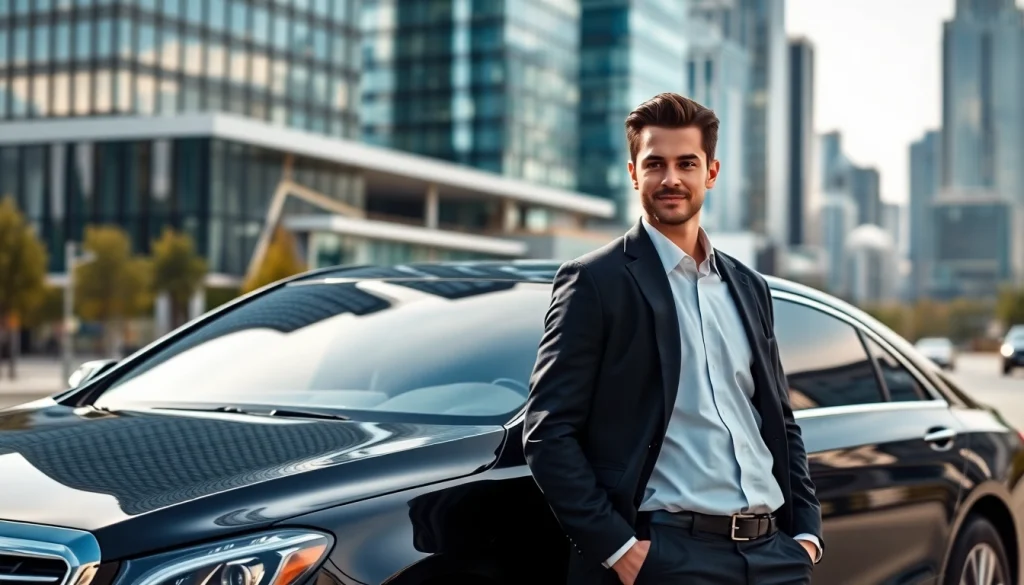 Experience premium black car service vancouver with a stylish chauffeur and urban backdrop.