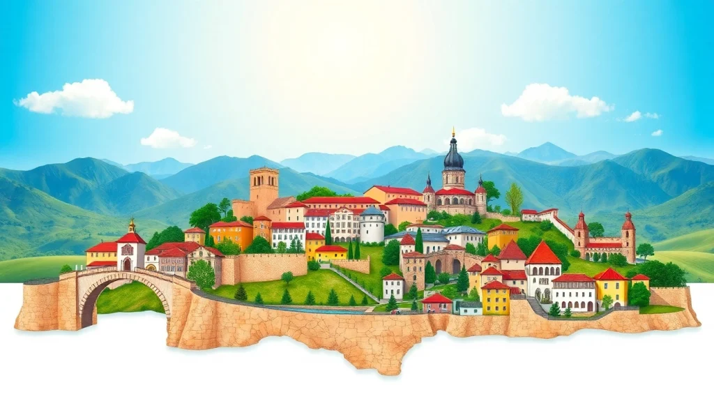 Prikaz geografskih znamenitosti BiH sa kulturnim simbolima i prirodnim ljepotama.