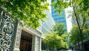 Visualisierung Architektur eines modernen urbanen Gebäudes in lebendiger Umgebung.
