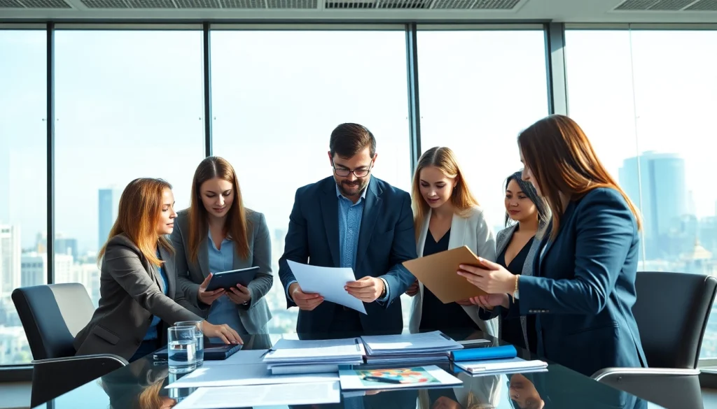 Collaborating on international business real estate in a dynamic office setting.
